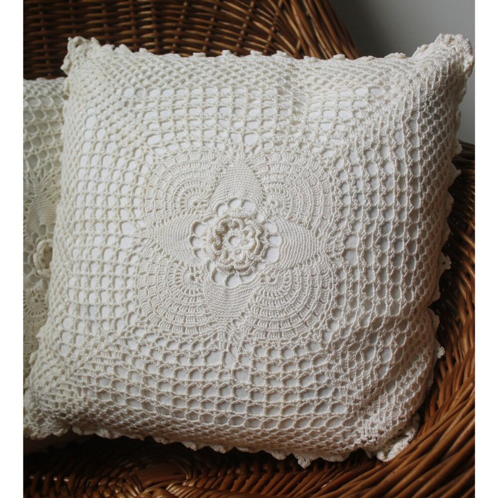 Vintage Handmade Crochet Lace Pillow Case Throw Cushion Cottagecore - pair